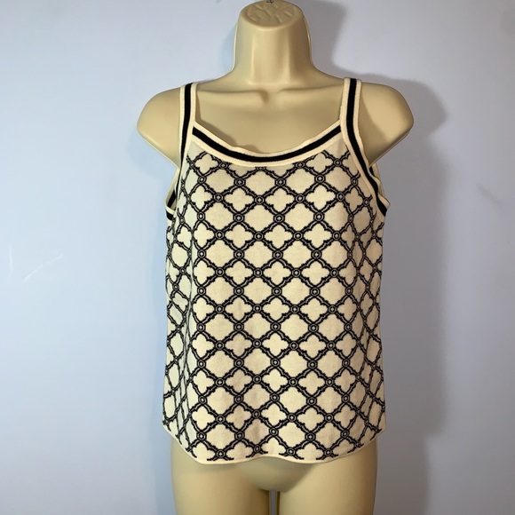 Talbots LATTICE JACQUARD TIPPED black white knit tank top size XS geo print - Picture 2 of 7